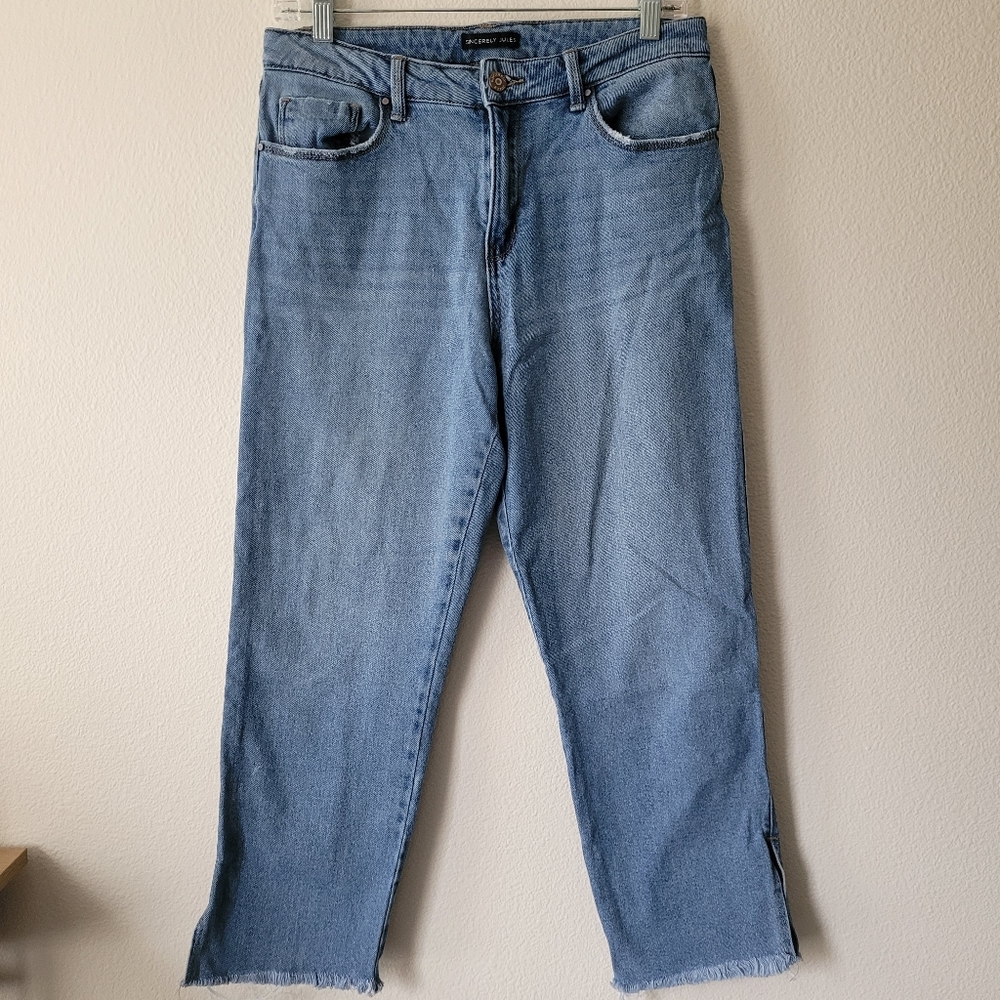 Sincerely Jules Blue Denim Jeans Slit Hem Cropped Petite Split Flare Midwash